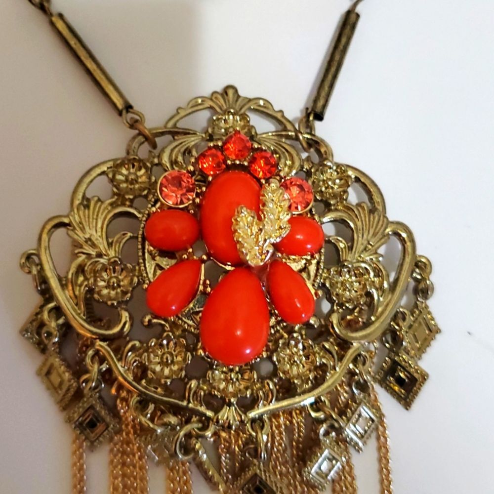 Vintage 80's Art Deco Nouveau Boho Coral Colored Gold Necklace South Western - Picture 3 of 8